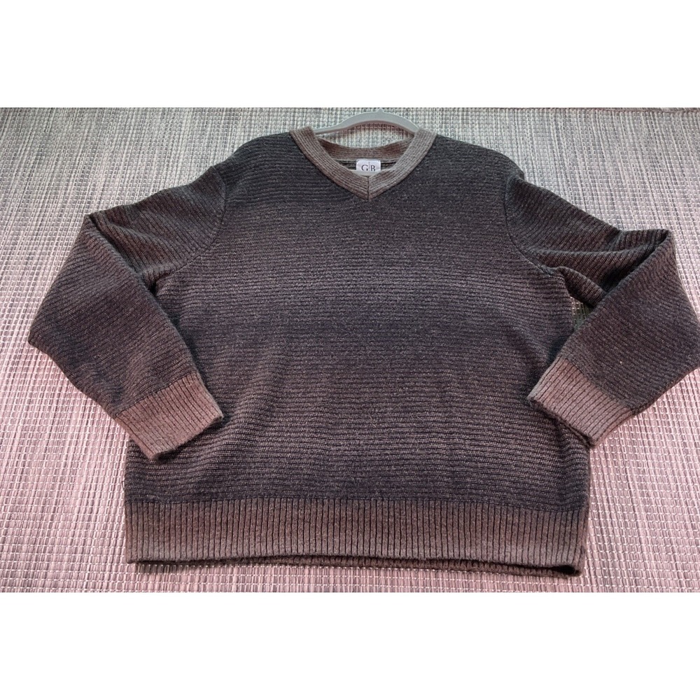 Geoffrey Beene Mens Sweater Large Brown Grey V-Neck Textured Knit Pullover L